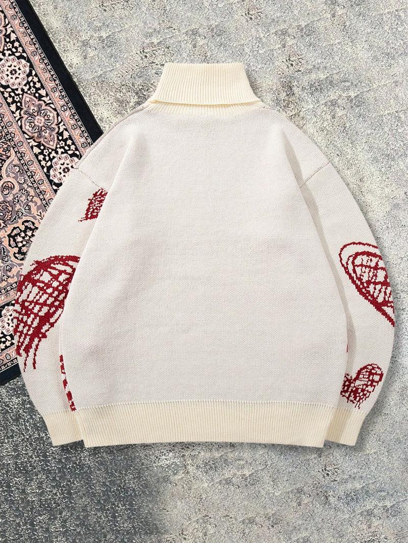 Men's New Casual Loose Fit High Neck Knit Sweater, Loose Casual Pullover, Full Heart Print, Vintage Versatile Commuter Long Sleeve Top, Valentine's Day Gift