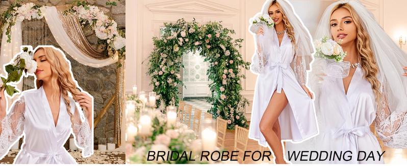 Avidlove Women's Floral Lace Kimono Robe Long Sleeves Dressing Gown Bathrobe Bride Robe Nightwear Satin Womenswear