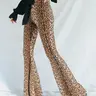 Women's Leopard Print High Waist Flare Leg Knitted Medium Fit Pants, Bell Bottomed Pants, Street Style Bell Bottom Trousers For Party Club, Ladies Bottoms For All Seasons, Womenswear