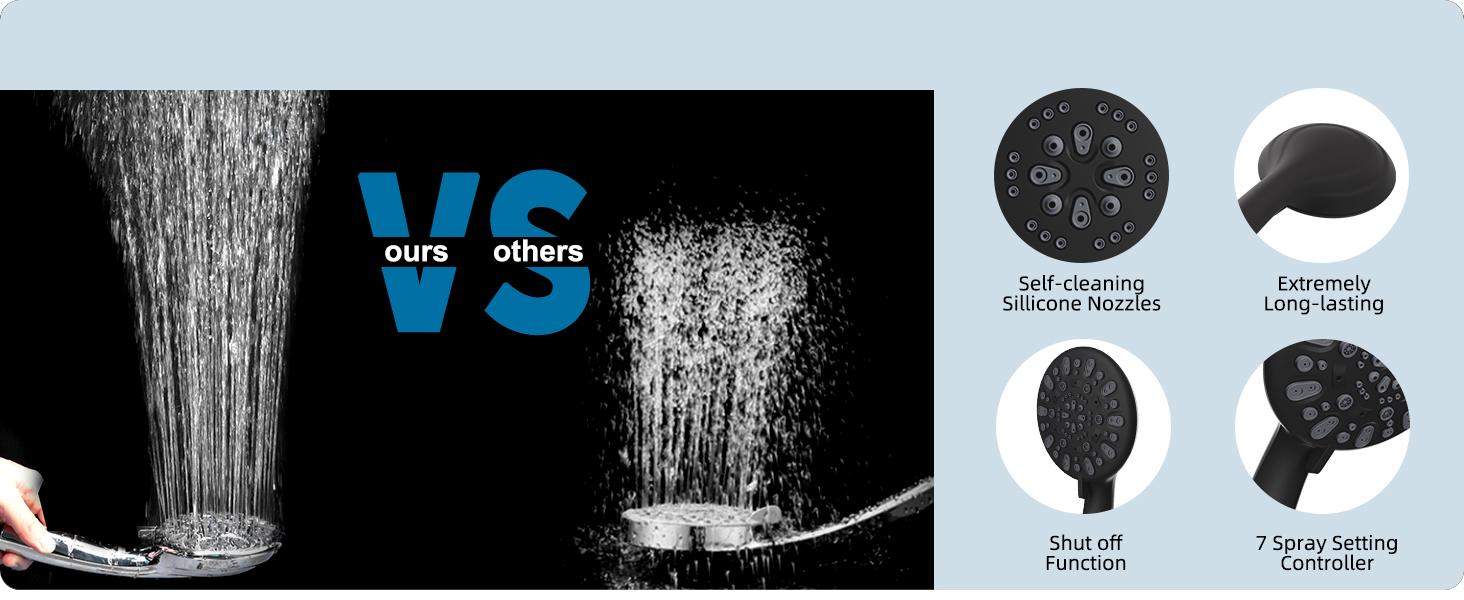 Hibbent 12'' All Metal Shower Head, High Pressure Rainfall Shower Head/Handheld Showerhead Combo/ 12'' Adjustable Curved Shower Extension Arm, 7-Spray, 71'' Hose, Showerhead Holder, Matte Black showerhead combo