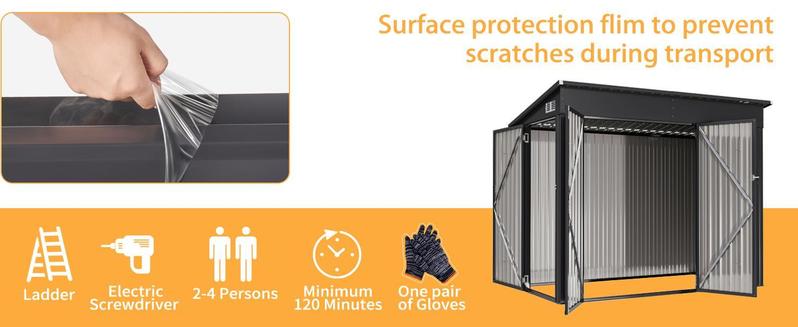 Aoxun 8'x4' Triple Door Shed Outdoor Storage Shed with Three Lockable Door for Easily Accessing Metal Storage Cabinet with Slopping Roof for Tools Bicycles Storage for Garden, Backyards (Black)