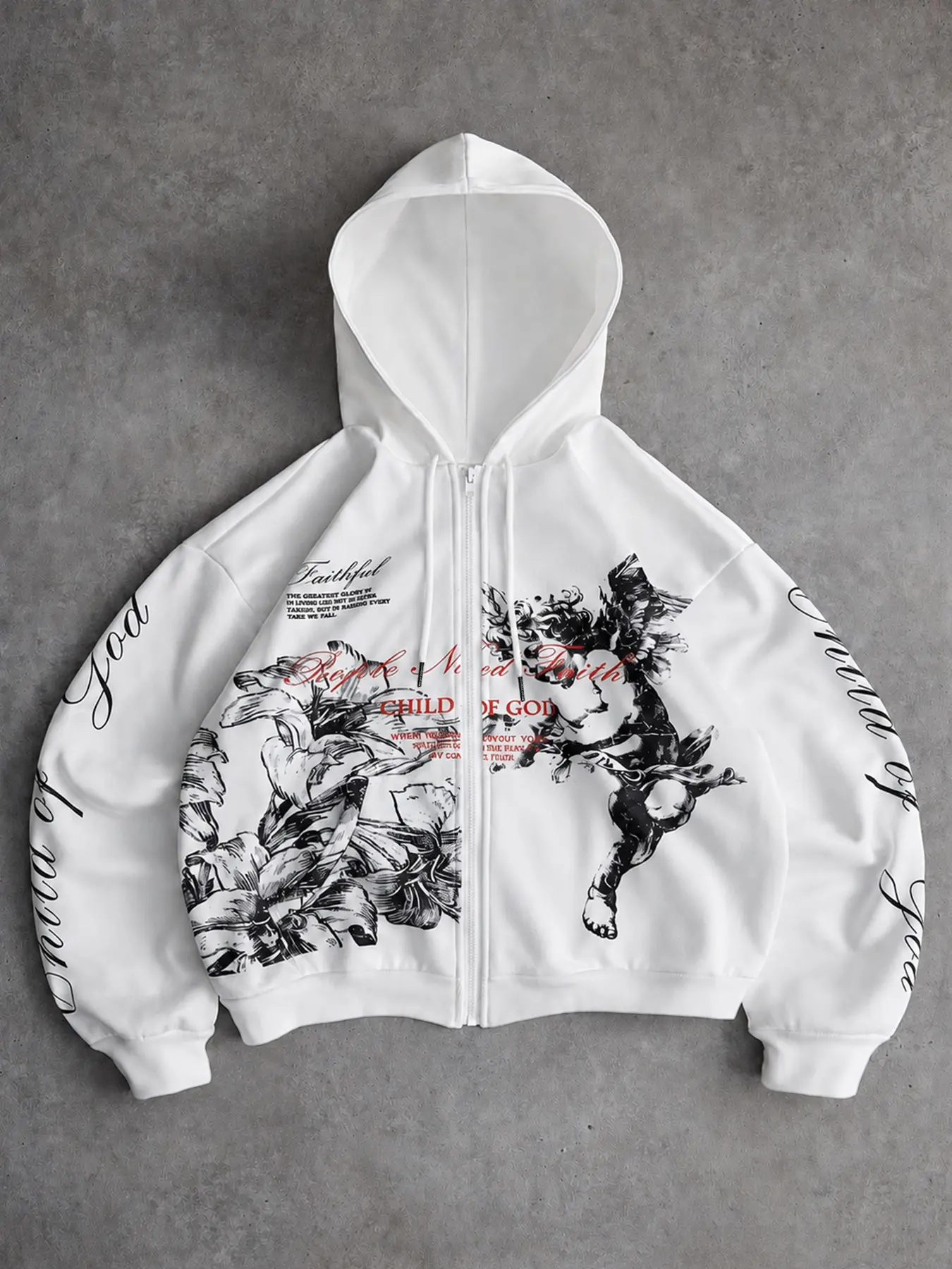 White Full Zip Up Hooded Jacket, Black & White Sketch Angel Floral Cursive Letter All Over Print Sweatshirt, American Vintage Oversized Drop Shoulder Hoodie, Unisex Spring Autumn Street Couple Outfit, Concert Fashion Top