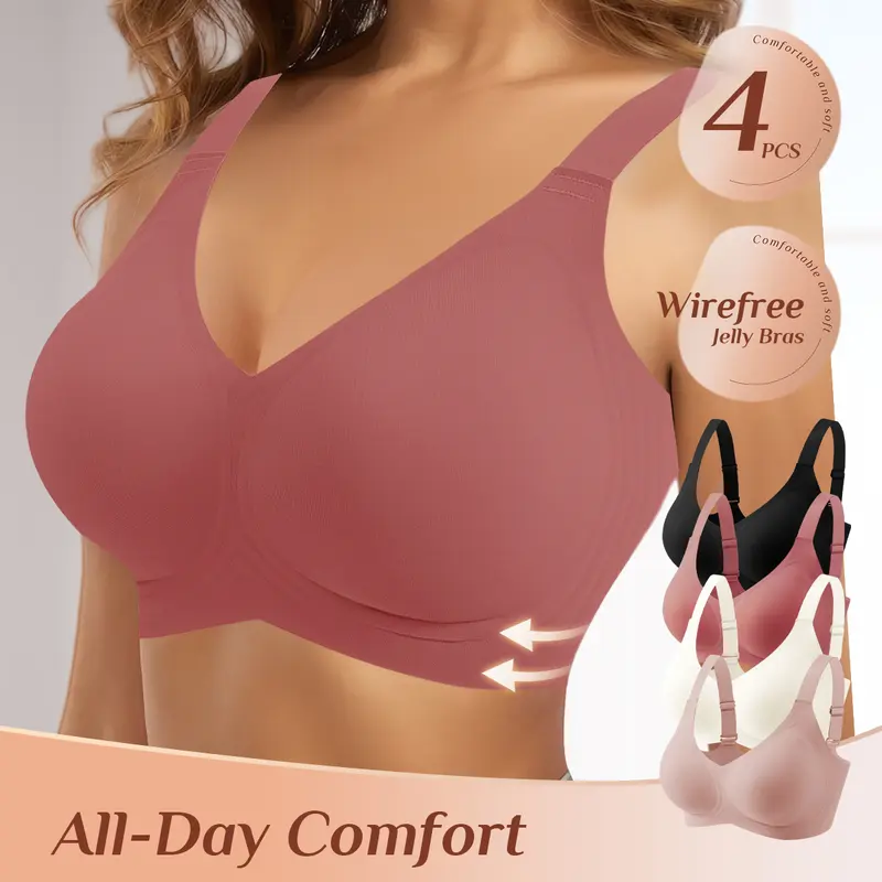 QUASTI 4PCS Wireless Jelly Bras for Women, Wirefree Full Coverage No Underwire Seamless Push Up Lift Supportive Everyday Bras, Comfortable Buttery Soft Padded T Shirt Bra with Adjustable Straps Black Fabric