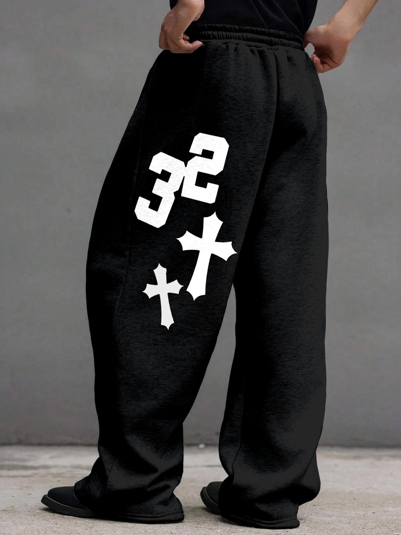 Men's Waist Drawstring Straight Leg Pants, Creative Number Cross Print, Comfortable Casual Daily Wear, Fall Winter Men's Pants