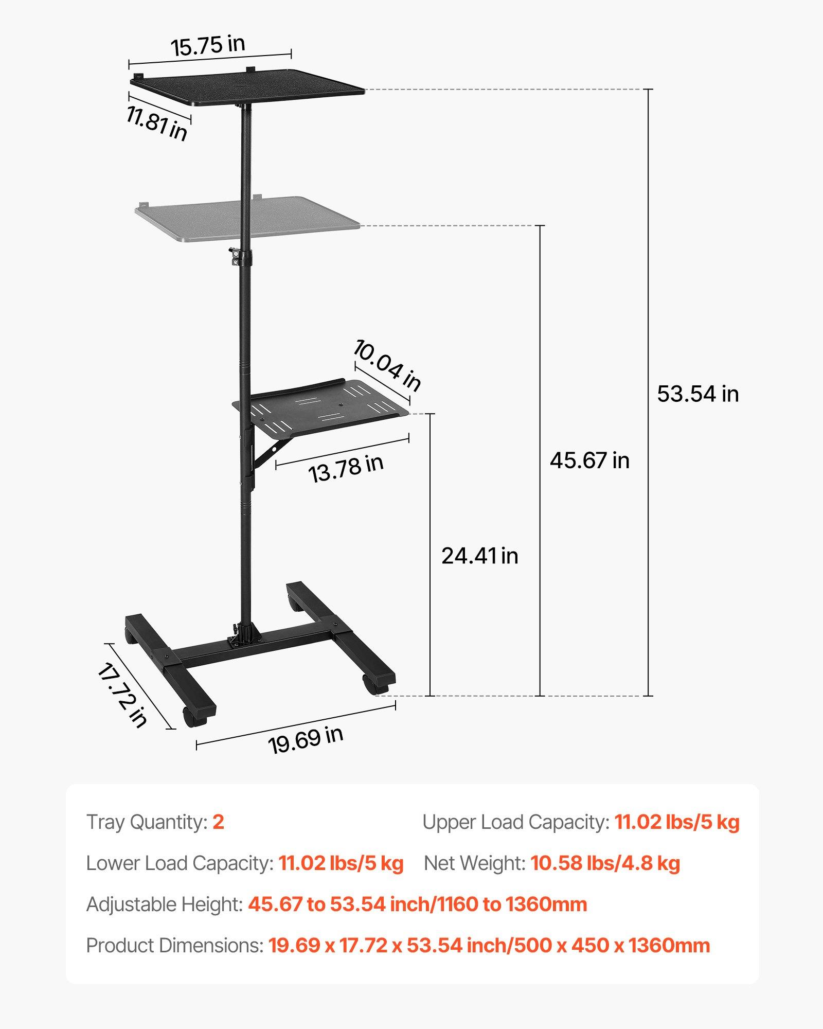 VEVOR Projector Stand, 2 Shelves Laptop Floor Stand, Projector Stands Table with Adjustable Height 33.86 to 53.54 inch, I-Beam Frame Projectors Stands Tripod for Meetings, Outdoor Movies, Video Stand