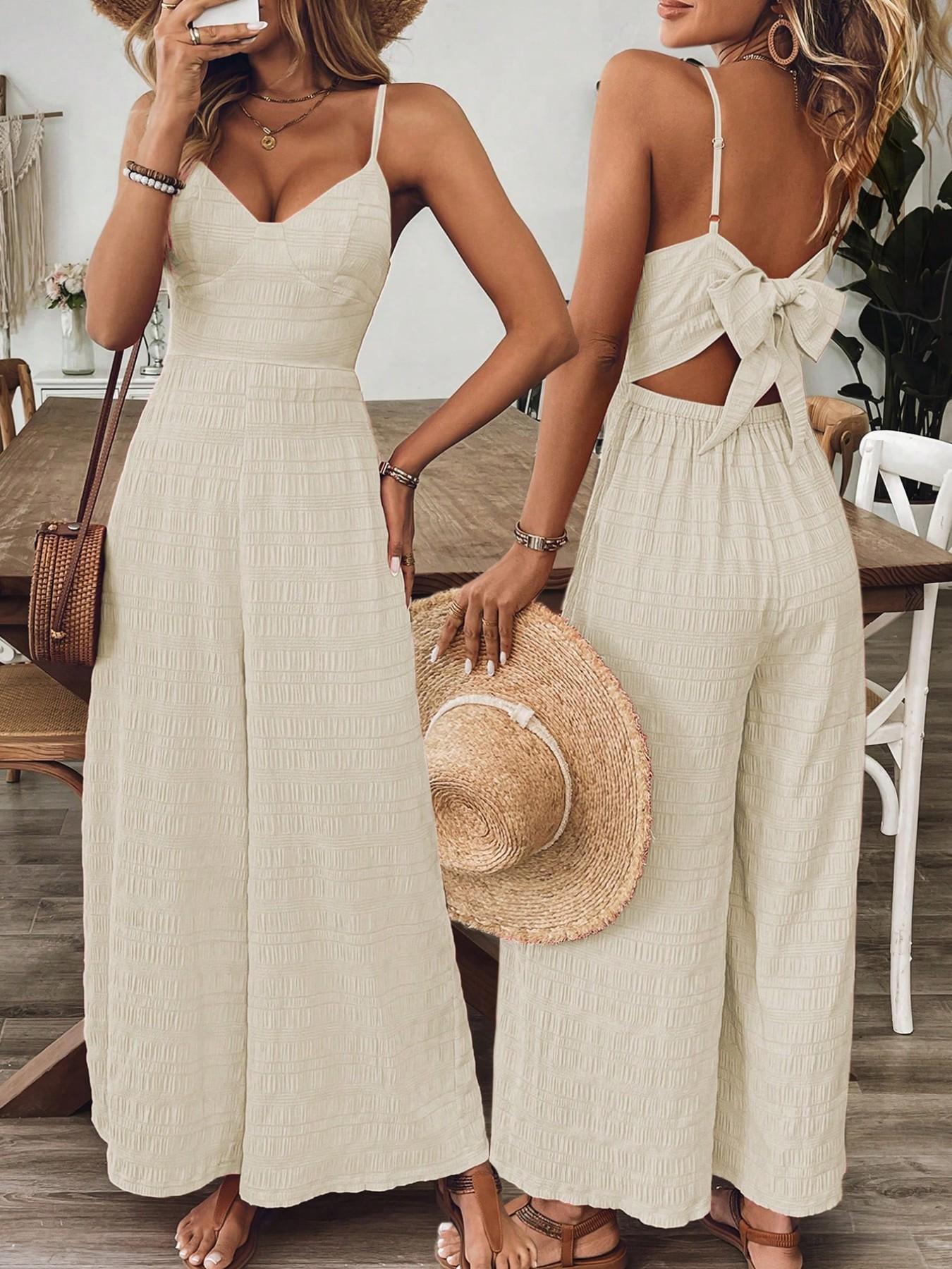 Women's Plain Bow Decor Jumpsuit, 1 Count Casual Sleeveless Cami Jumpsuit for Daily Wear, Ladies Clothes for All Seasons