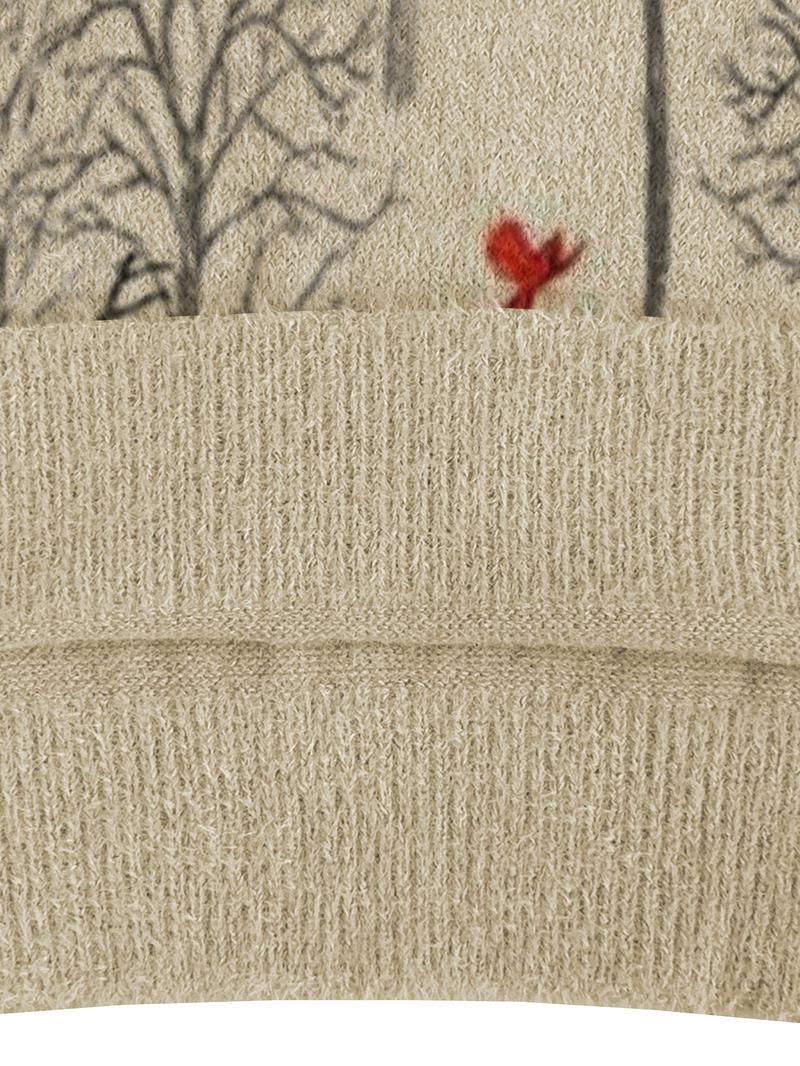 Women's Tree Landscape Print Stand Collar Sweater, Fall Winter Casual Long Sleeve Knitwear, Comfortable Warm Daily Wear