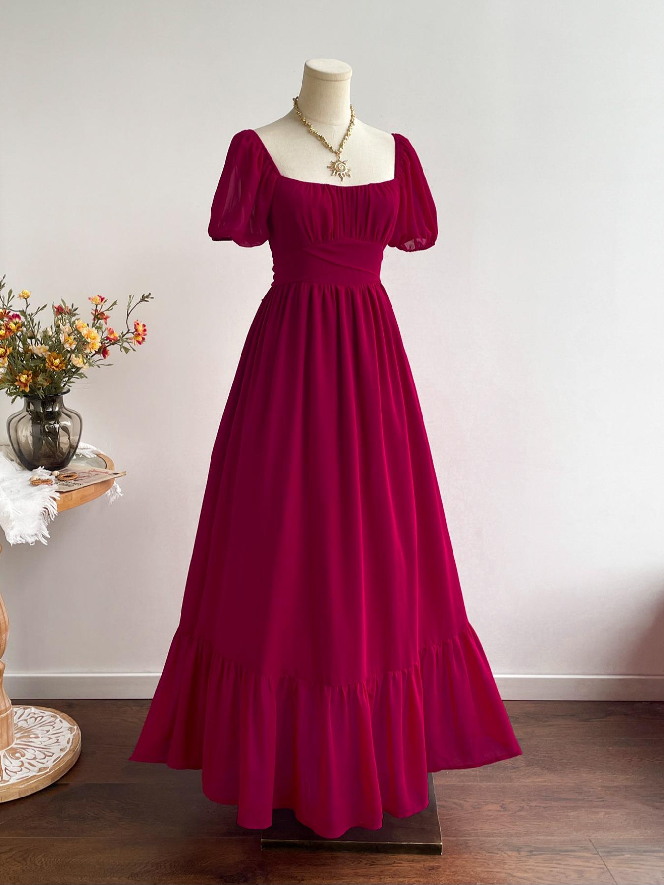 Women's Bohemian Vacation Elegant Chic Casual Waist-Tied Chiffon Woven Floral Long Short Sleeve Ruffle Hem Dress, All Seasons Fitted Style