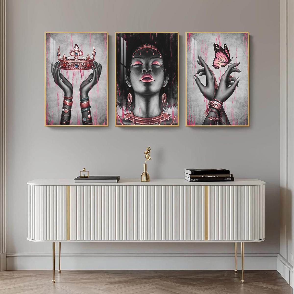 3 Counts Aluminum Alloy Framed Painting, Elegant Black And Pink Crown Butterfly Lady Artwork, Home Decoration For Living Room, Bedroom, Office, Restaurant, Hallway Wall Decor, Odorless Print Artwork, Luxury Perfect Gift For Friends And Family