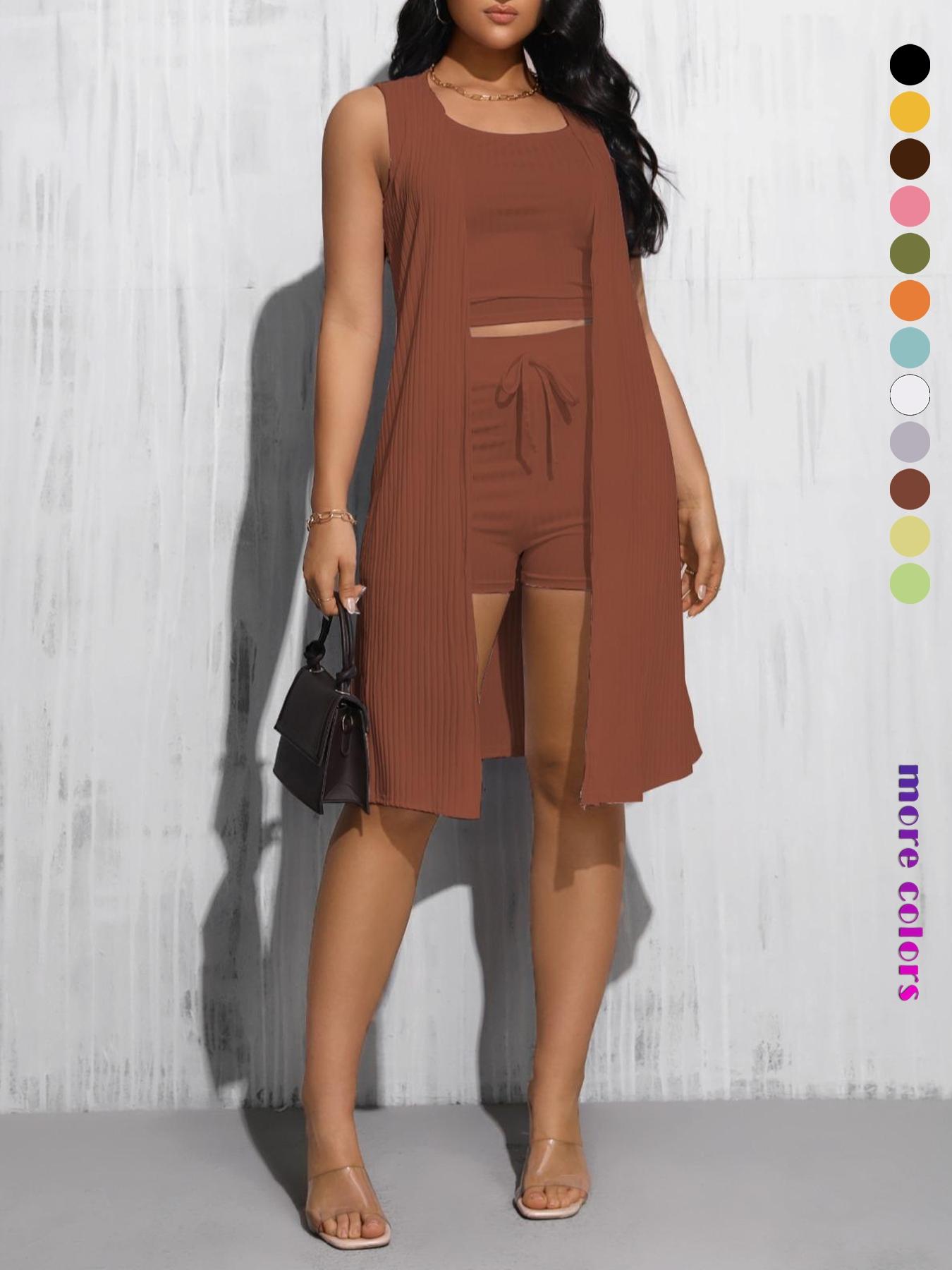 Women's Solid Ribbed Crop Tank Top & Drawstring Waist Shorts & Open Front Sleeveless Outerwear Three-Piece Set, Casual Fashion Cozy Three Piece Outfits for Daily Outdoor Wear, Casual Matching Set, Women Clothes for Summer