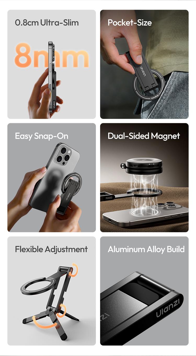 【TikTokShopBlackFriday】Ulanzi MA60 Magnetic Phone Stand for iPhone Aluminum Mini Foldable Tripod Pocket-Sized Cell Phone Stand with Magnetic Quick Mount Compatible with iPhone 12 13 14 15 16 Models - Smartphone Video Rig