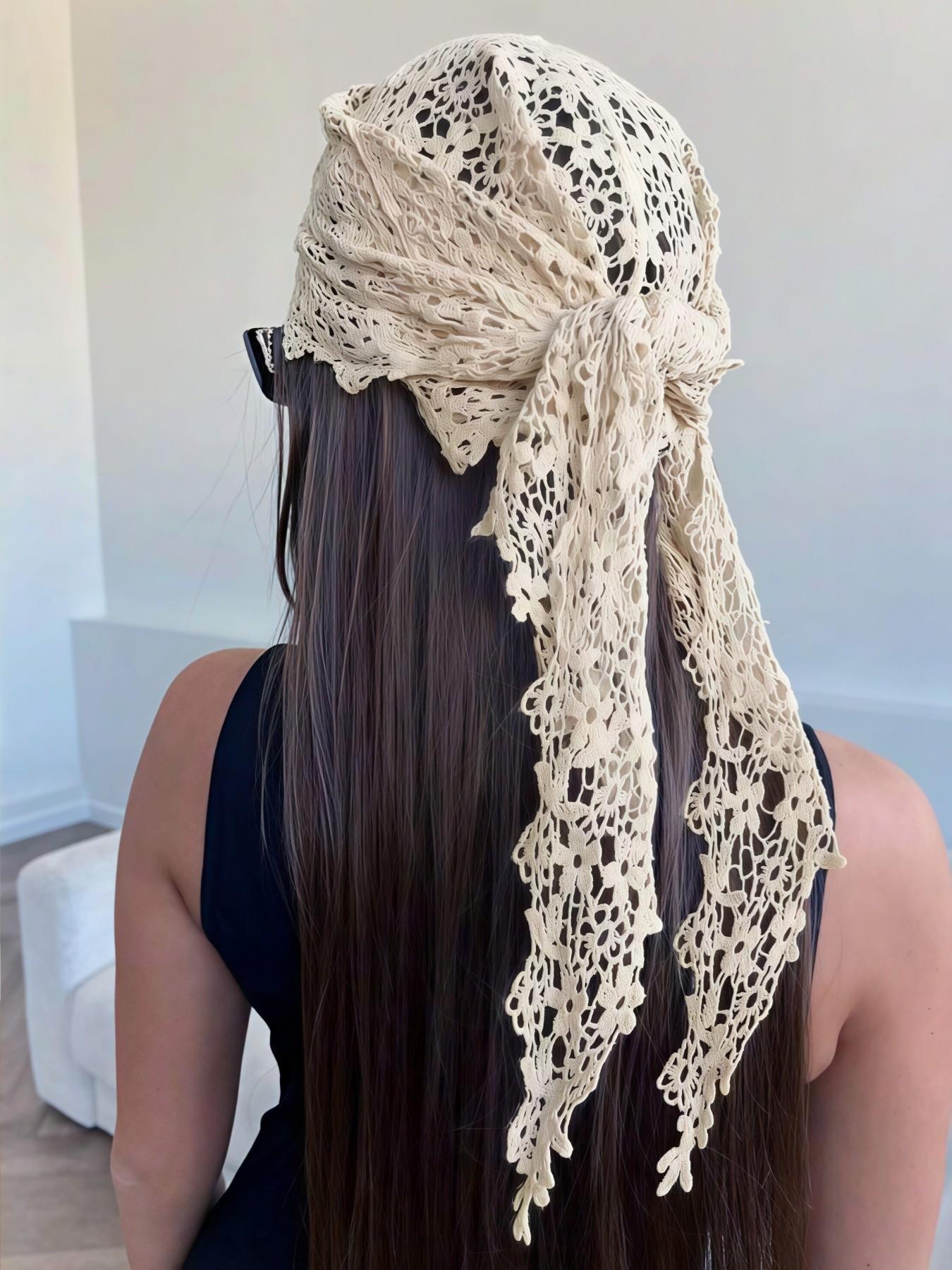 1pc Solid Color Crochet Floral Lace Thin Outerwear Triangle Knot Scarf For Women, Spring/Summer Stylish Decorative Collar Trim, Minimalist Scarf Head Wrap