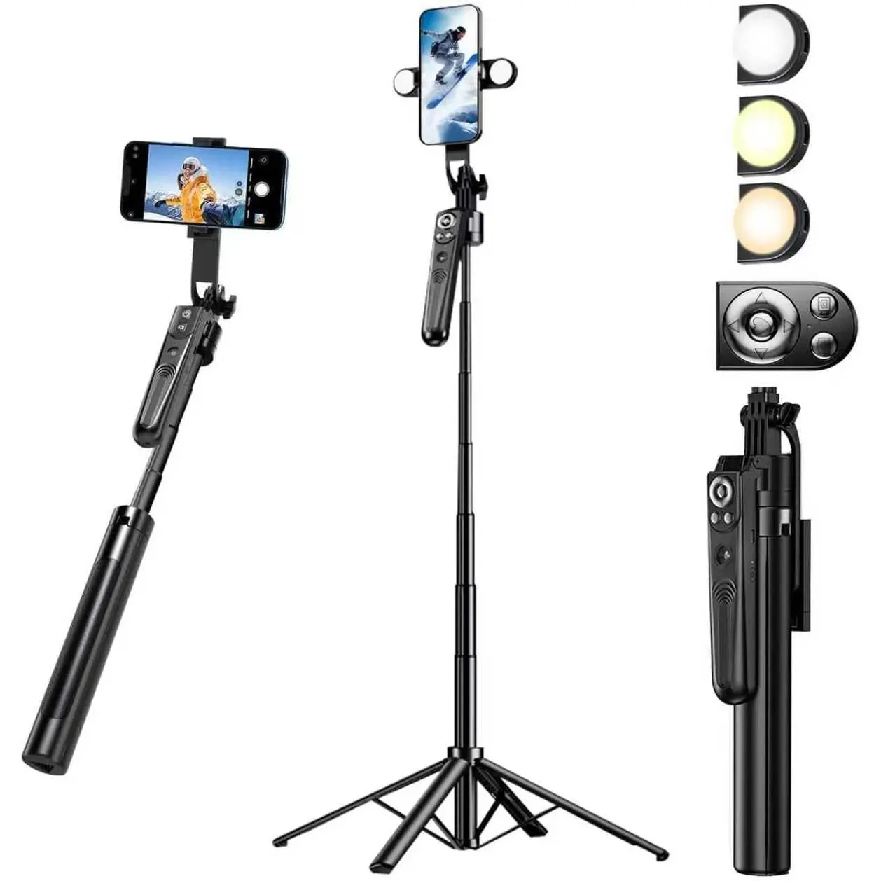 360° Rotatable Automatic Auto Phone Tripod with Light, Extendable 12.8"-70.8", Remote & Gesture Control, Reinforced Base, 1/4 Screw Mount for Android Devices & Action Cameras, CE FCC Certified Phone Accessories for Recording