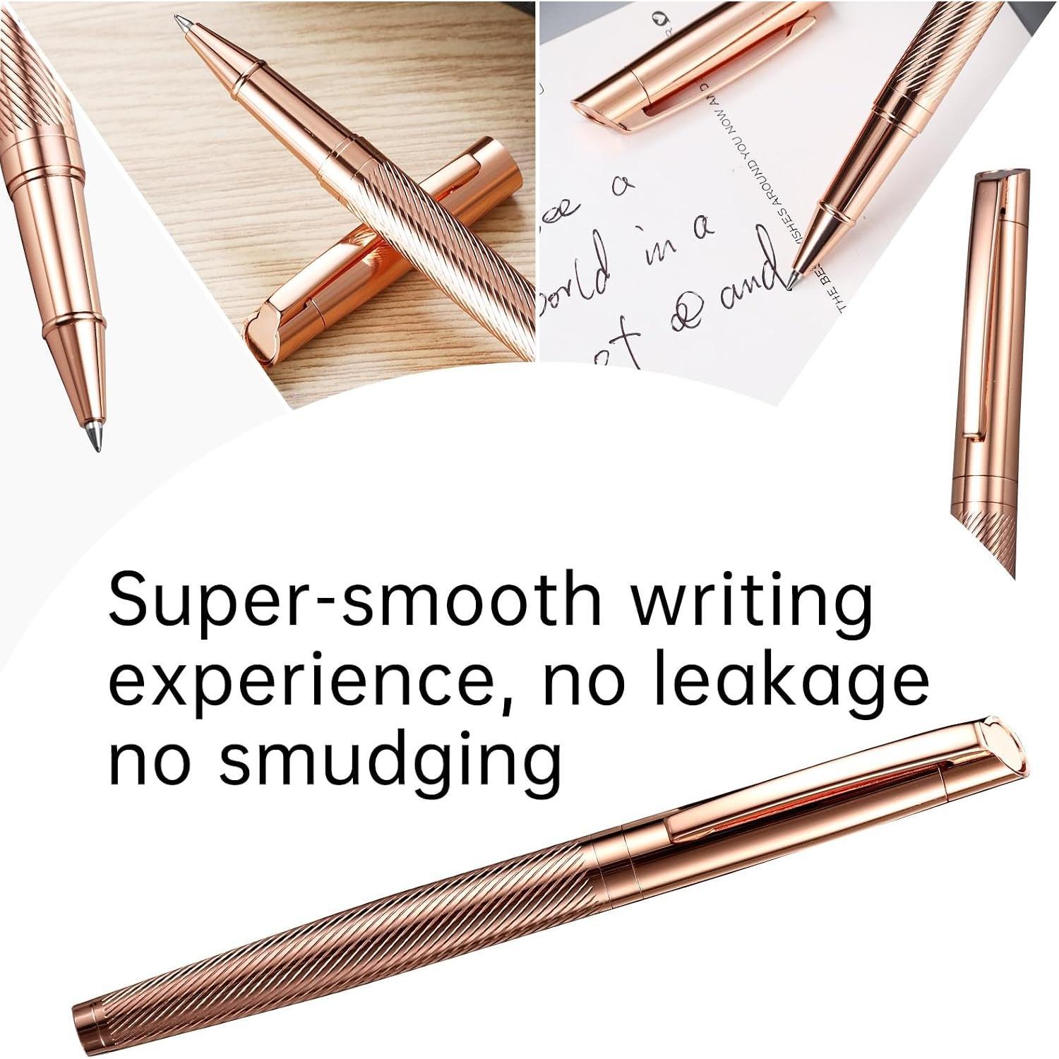 Women's Luxury Rosegold Stainless Steel Rollerball Pens Set - Smooth-Write Refillable Black Liquid Ink, Fancy Gift Box for Executive Office Use