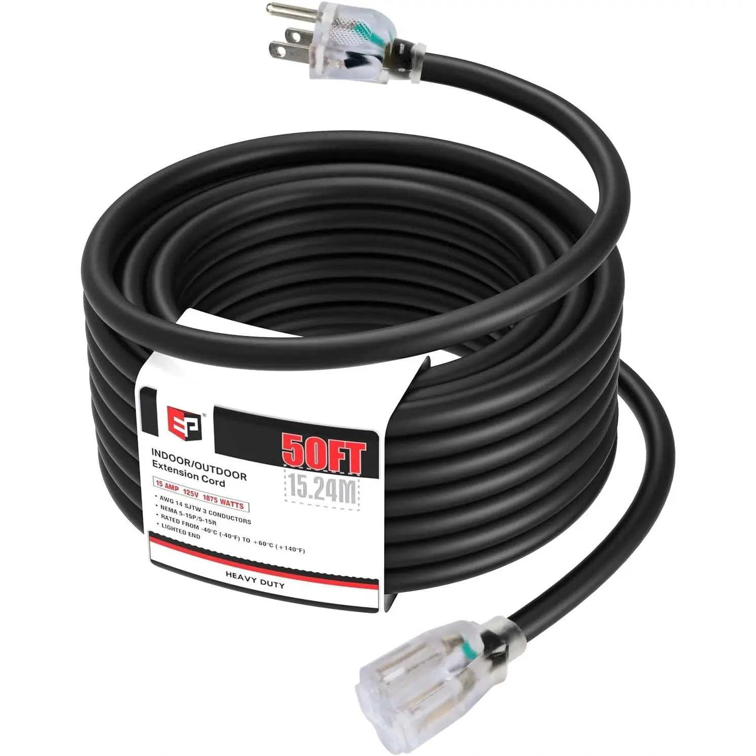 6 Ft 14/3 SJTW Lighted Outdoor Extension Cord, Black