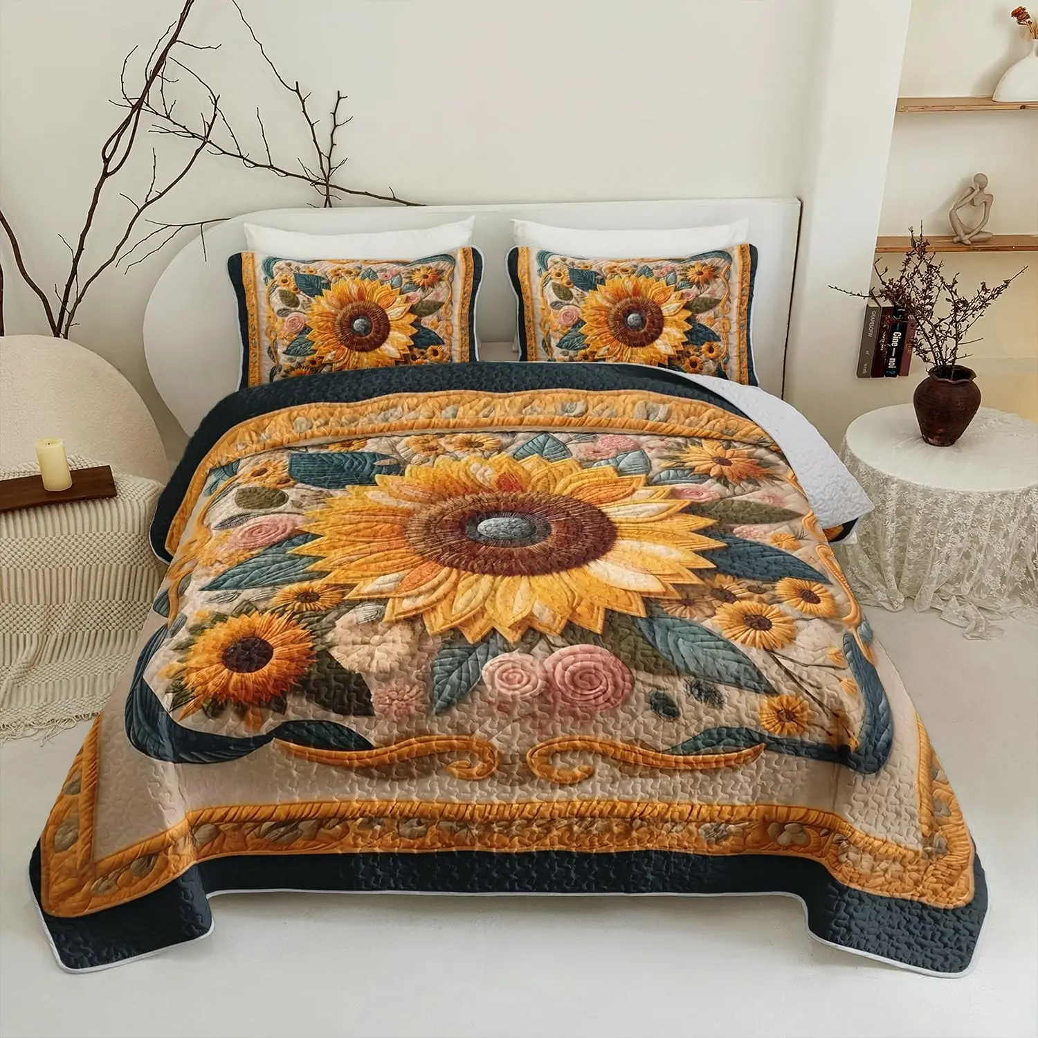 Sunflower Quilt Set Queen Size,Yellow Floral Print Quilt Bedding for Girls and Teen Boys Room Decor,Vintage Bed Cover Queen Bedding Set,Luxury Bedspread Bedroom Decor
