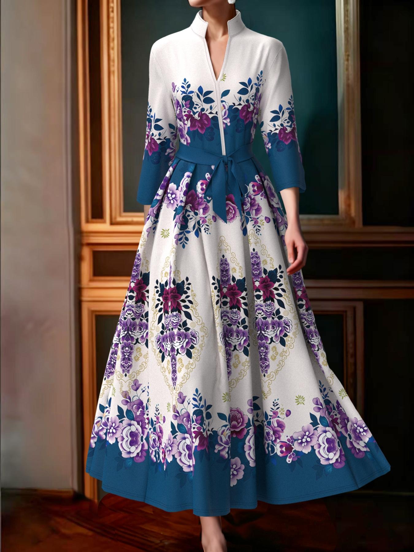 Elegant Women's Long Flared Dress with Stand Collar, Side Zipper, Waist  Belt, Printed Woven Fabric, Plant, Party Wear, Formal, Commuter, Daily -  TikTok Shop