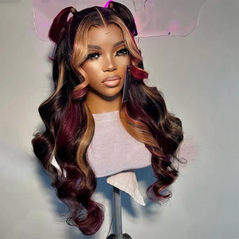 Black Red Blonde Highlight Wig Human Hair Body Wave Skunk Stripe Human Hair Wig 180% Density Blonde Red Highlights 13X4 HD Lace Front Glueless Balayage Wigs Human Hair Pre Plucked for Women