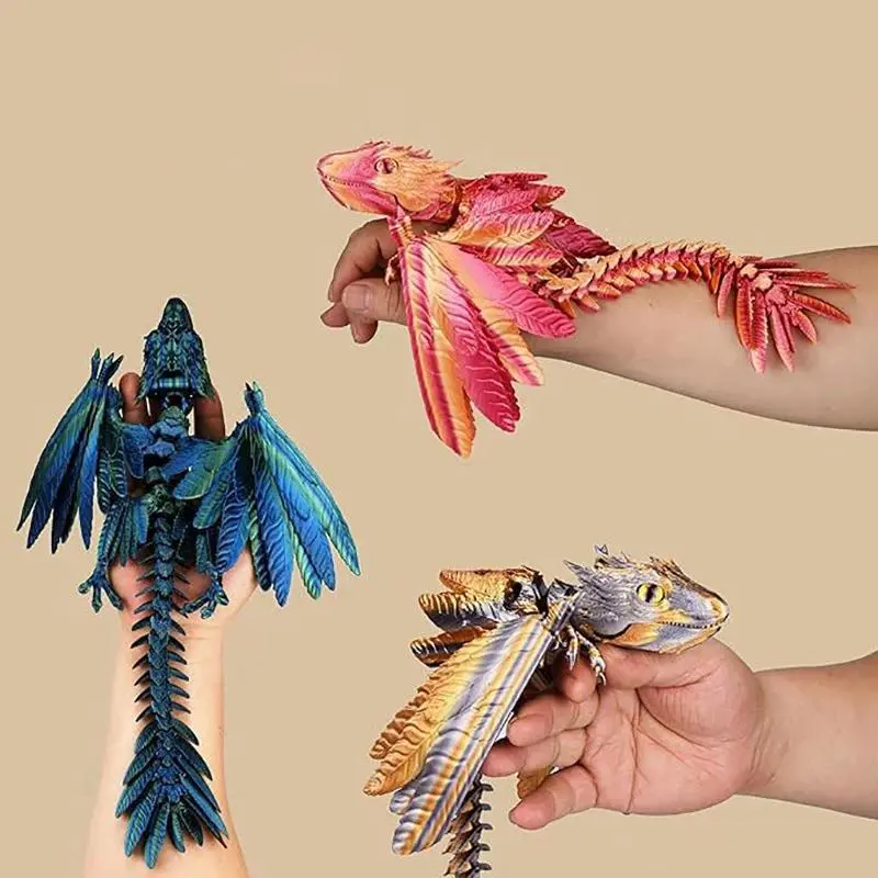 3D Printed Feather Dragon With Bird Wings Creative Flying Dragon Figurine Decorative Toy For Home Office Desktop Decoration Gift