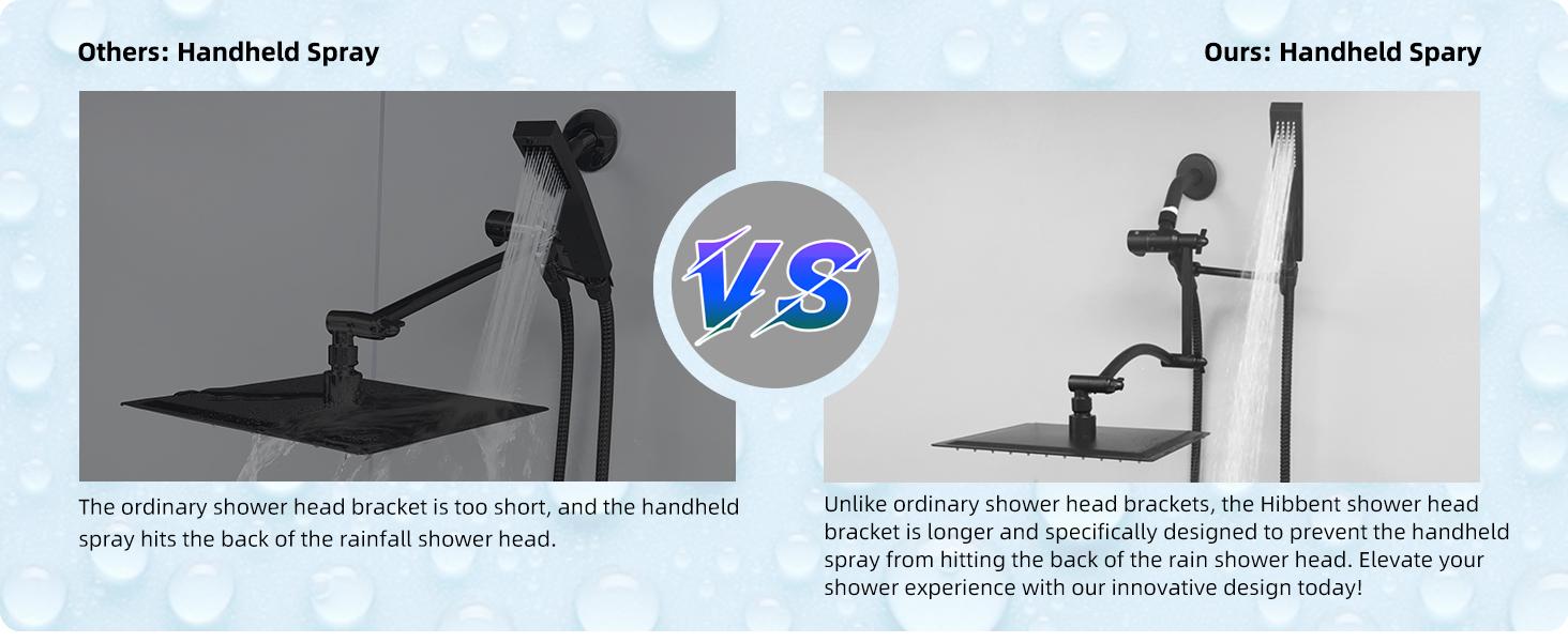 Hibbent All Metal 10'' Rainfall Shower Head, Square Shower Head Combo, High Pressure Handheld Shower Wand, 16'' Adjustable Arc-shaped Shower Extension Arm, 71'' Hose, 2 Showerhead Holders, Matte Black rain shower