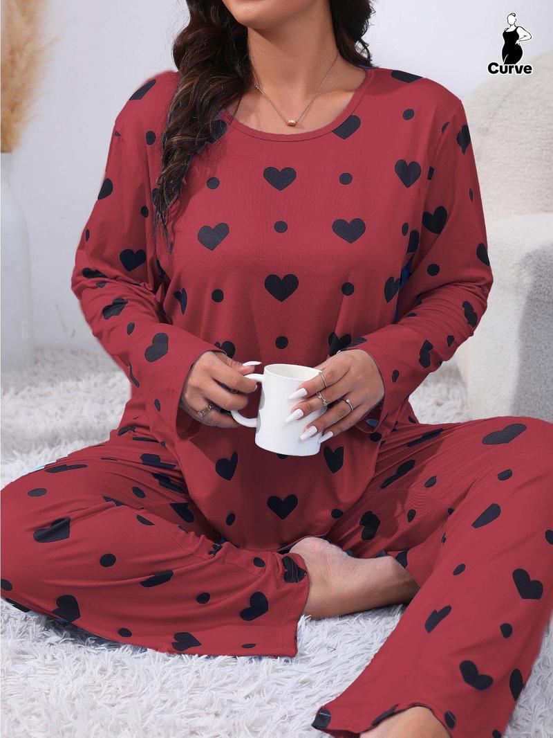 Plus Size Heart Print Drop Shoulder Pyjama Set, Casual Comfy Long Sleeve Round Neck Top & Trousers PJ Set, Pajamas, Summer Outfits 2024, Women's Sleepwear for Spring & Fall