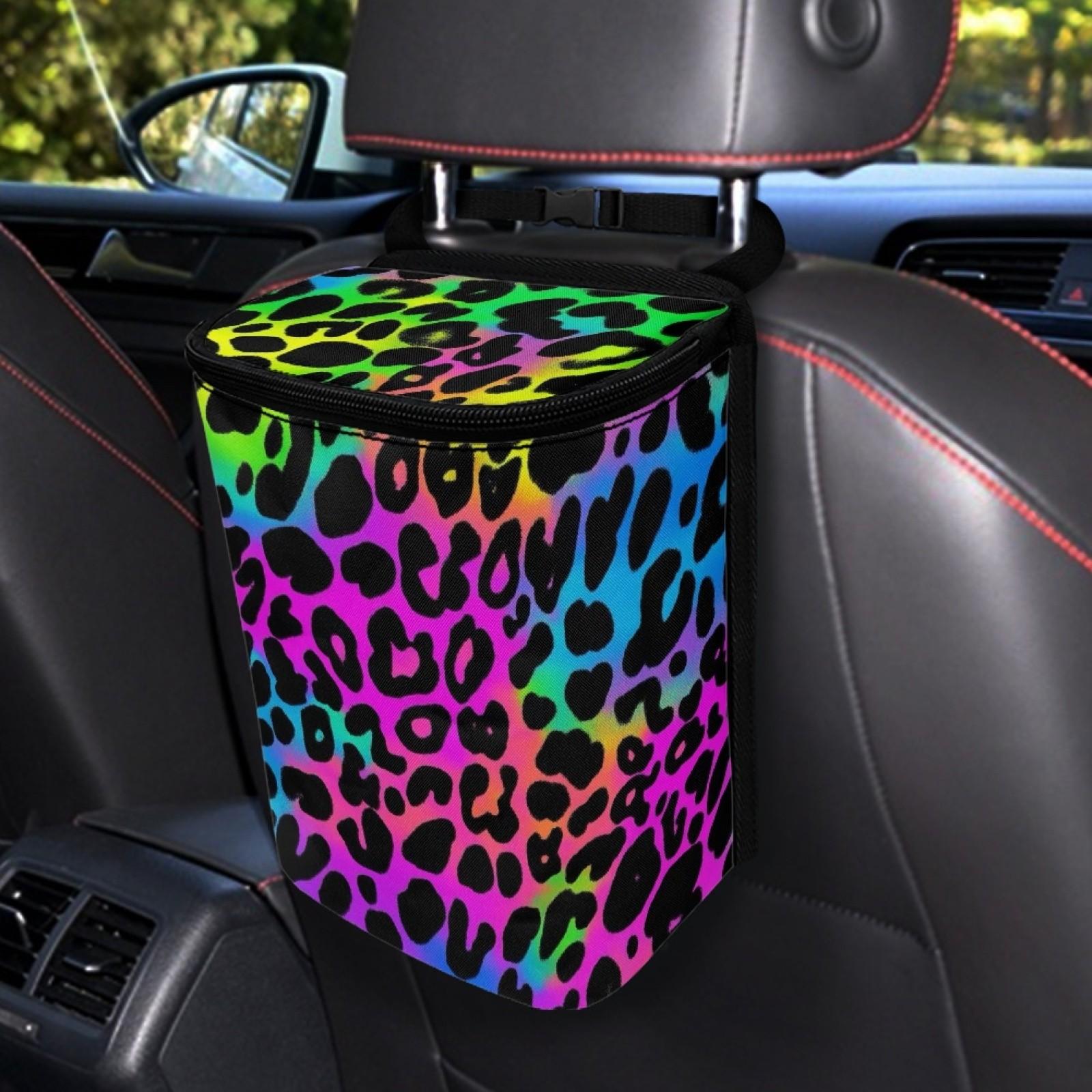 Colorful Leopard Print Polyester Car Trash Can with Zipper Lid, Adjustable and Foldable, Portable Vehicle Bin, Multi-Purpose Storage