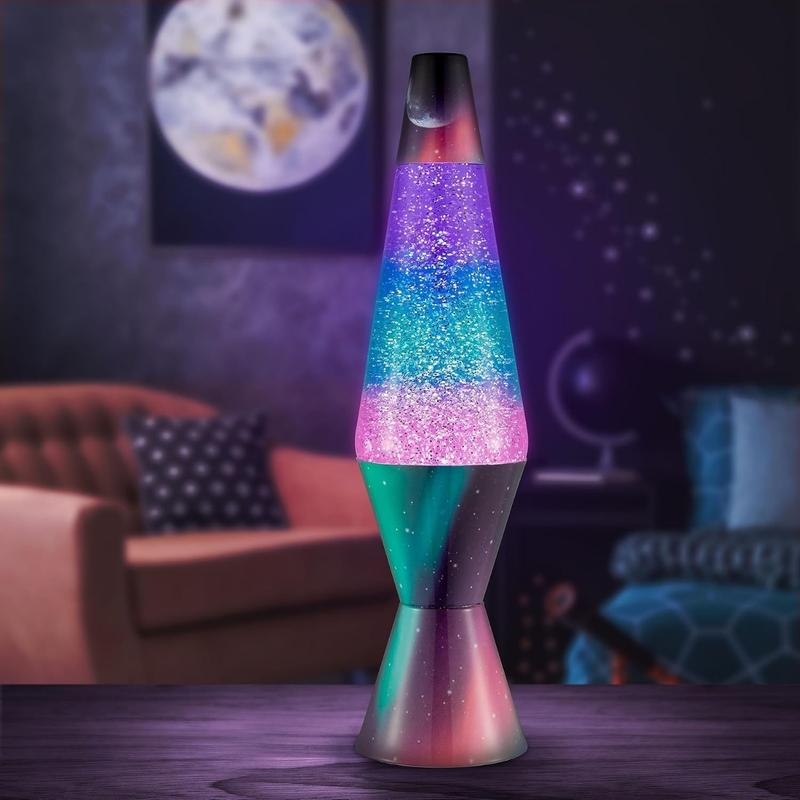 Glitter Motion Lamp, Silver Glitter, Multicolor Base and Globe, For a Coffee Table, Bookshelf, or Desk, 14.5"