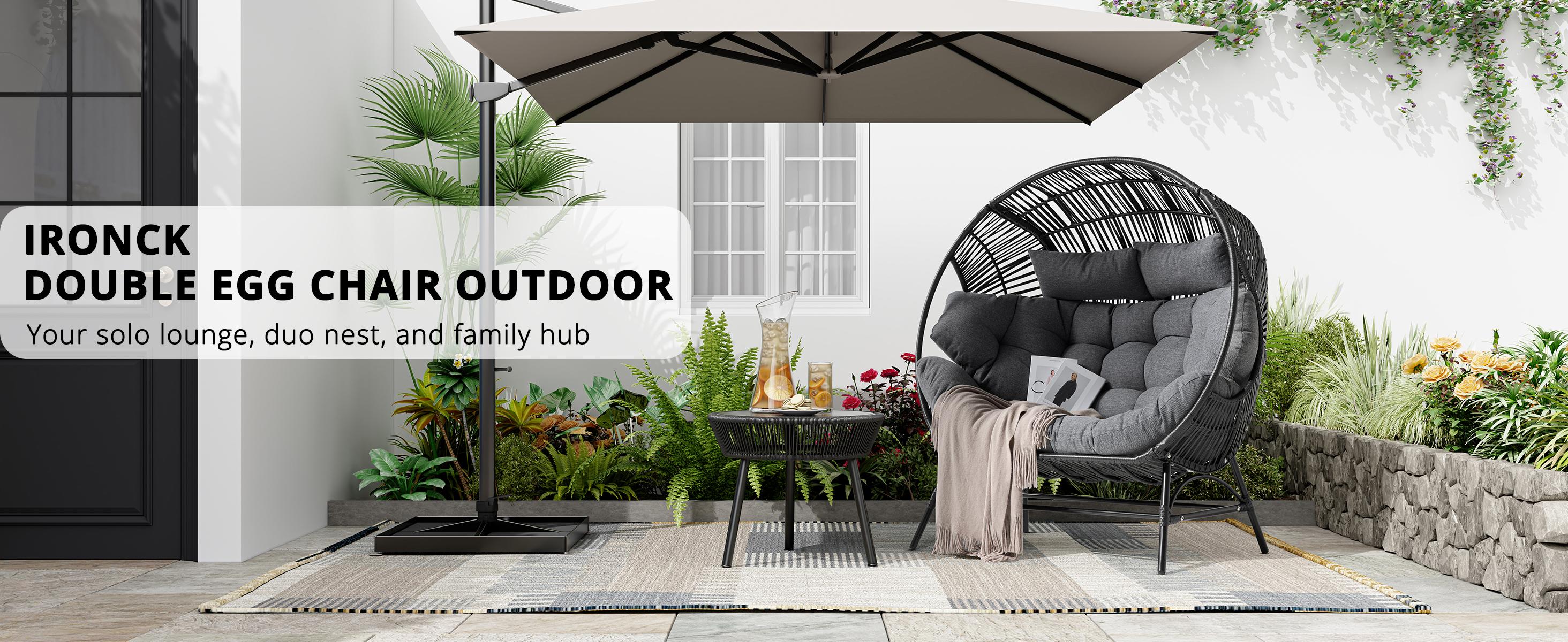 IRONCK Wicker Outdoor Egg Chair with Ottoman, Patio Lounge Chair with Footrest, Thickened Padded Cushion and Headrest, Egg Seat for Patio, Living Room, Garden, Balcony, Dark Gray