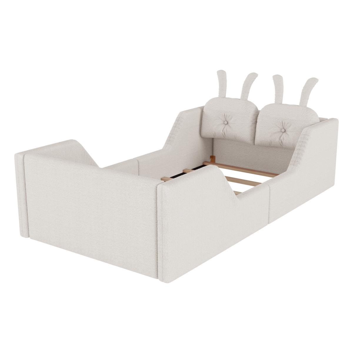 Twin Size Upholstered Floor Bed with 21-Inch Guardrails, Detachable Side Rails & Rabbit-Shaped Cushions, Teddy Fabric Foam Padding, No Box Spring Needed, Fits 8-Inch Mattress