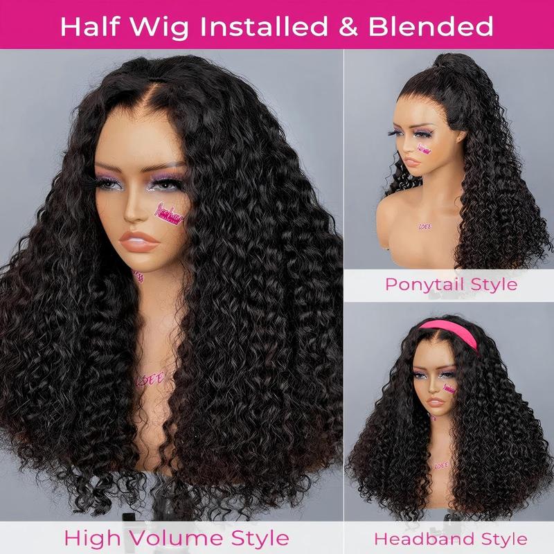 Bling Hair Half Wig Human Hair Water Wave Human Hair Glueless Wigs Seamless Clip Ins Flip Over Wear Go Wig Invisible Hairline Beginner Friendly 18 Inch