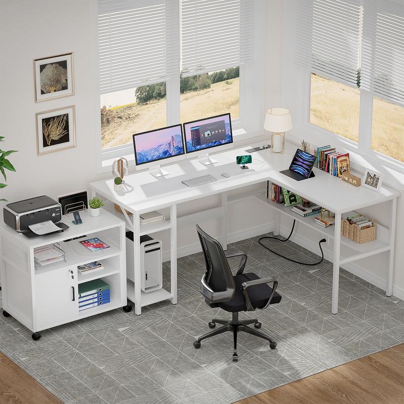 Homieasy Reversible L Shaped Gaming Desk with Power Outlets and USB Charging Ports, Sturdy Computer Desk with Storage Shelf, Modern Corner Desk Home Office Table, Easy to Assemble, White