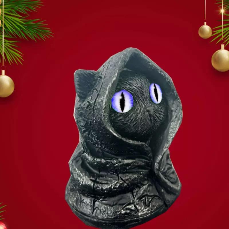 Gothic Cat Statue with Eyes and Celtic Knot Hooded Cloak, Resin Sculpture for Outdoor Decor, Dark Fantasy Garden Ornament