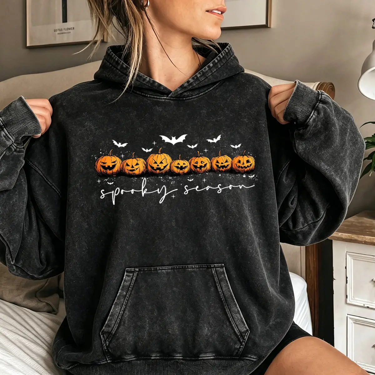 Spooky Season Pumpkins Halloween Washed Hoodie, Spooky Season Sweatshirt, Ghost Pumpkin bat Top, Halloween Gift, Stay Spooky Hoodie 380g Autumn VIntage Washed Hoodie Graphic Sweatshirt