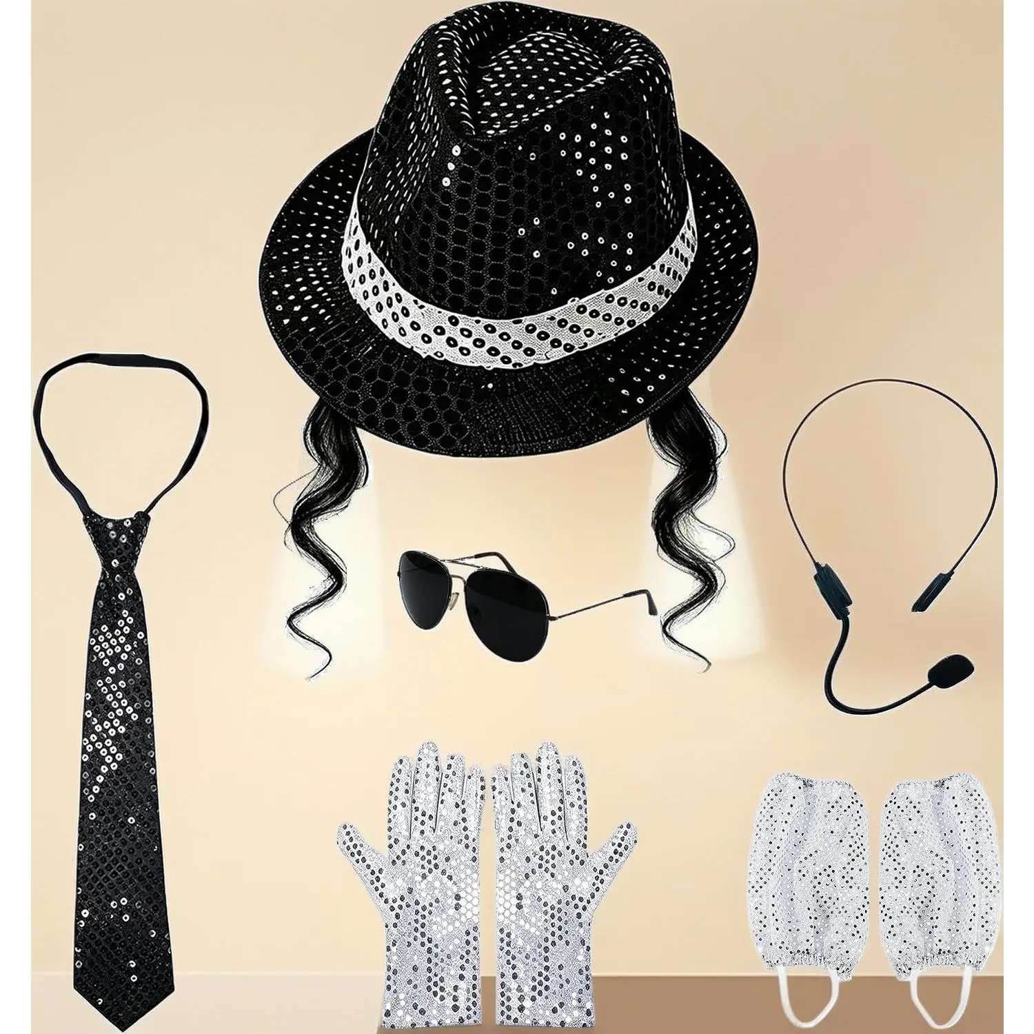 70s 80s Disco Costume Set – Sequin Fedora, Gloves, Tie, Leg Warmers, Sunglasses & Headset Mic Prop, Unisex Adult