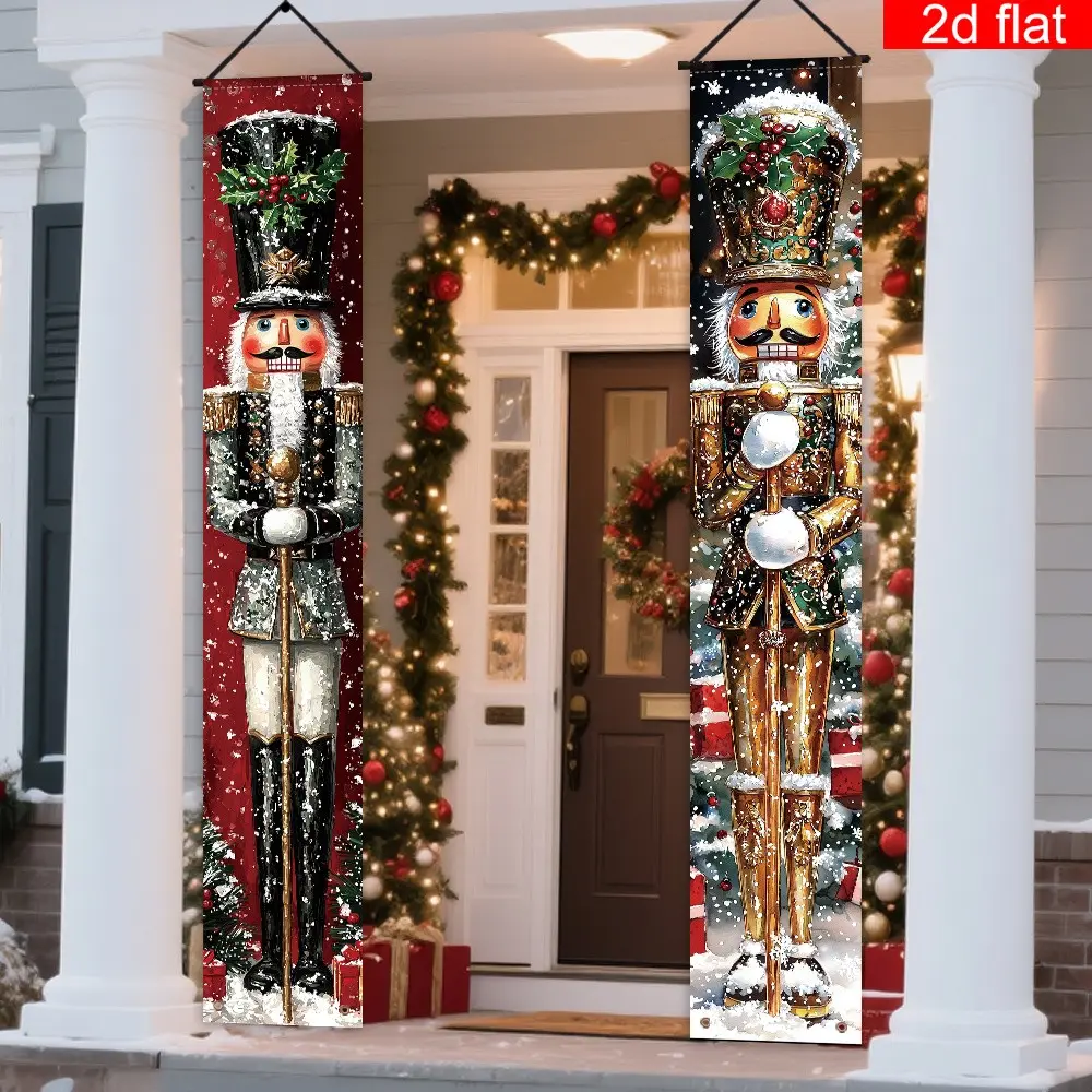 2D Flat Banner 2pc, Christmas Party Banner with Retro Nutcracker Design, Outdoor Indoor Wall Hanging Decor for Winter Holiday Parties