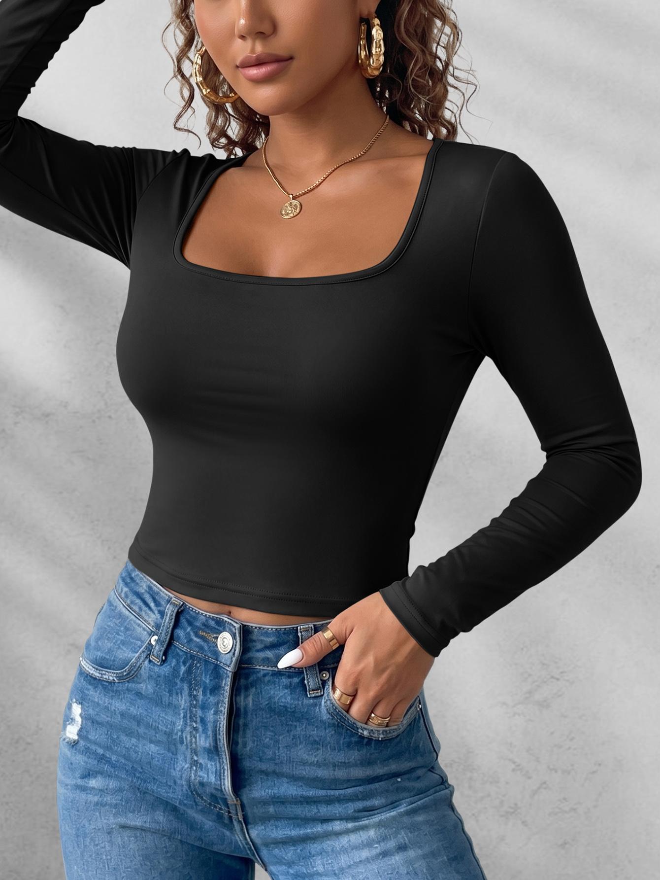 3-Pack Basic Solid Deep U-Neck Long Sleeve Women's Tops, Fall Winter Daily Commute, Layering Options, Y2K Style, Slim Fit, Fashionable Clothing