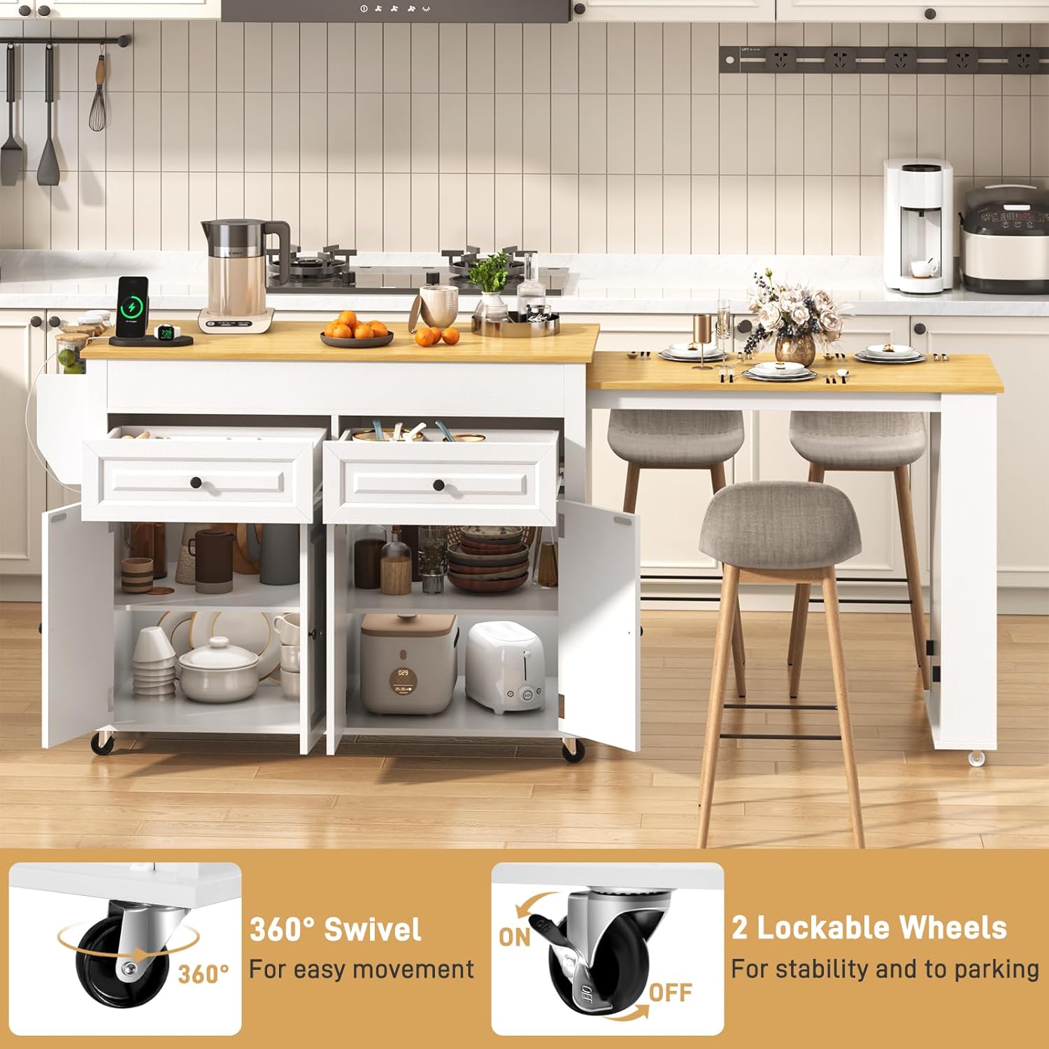 80"-48" Extendable Kitchen Island with Extended Dining Table and Power Outlet,Large Mobile Kitchen Storage Islands with 2 Storage Drawers,Rolling Islands Cart with 3 Extra Rows Open Shelves(White/Black/Brown/Blue)