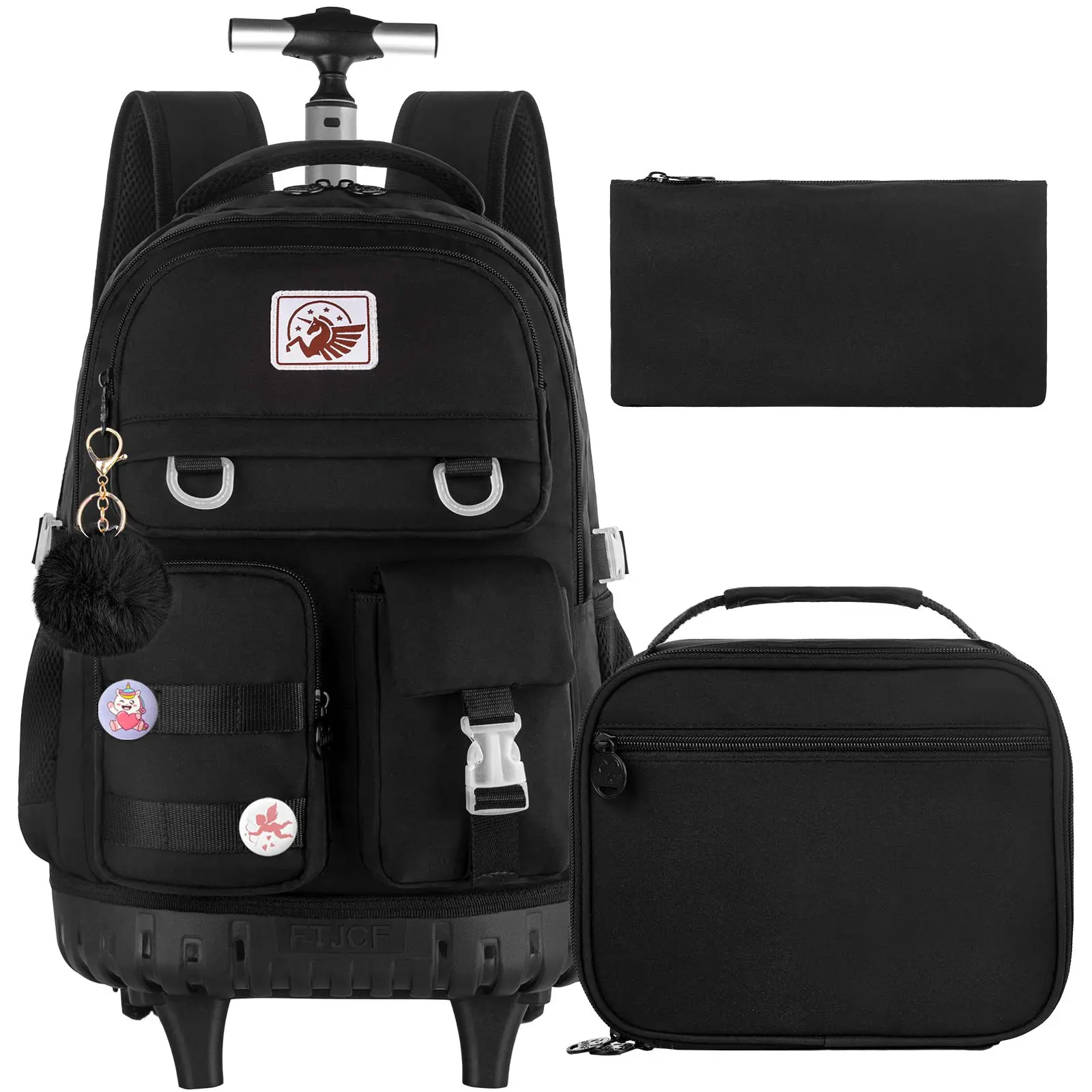 3PCS Rolling Backpack for Girls, 21 inch Water Resistant Roller Backpacks with Wheels, Wheeled Bookbag for Elementary Teens Women - Black