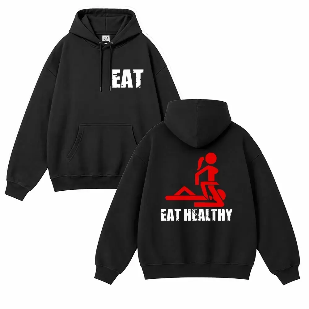 Men’s Bold Print Hooded Sweatshirt - Classic Soft Fabric Pullover, Kangaroo Pocket, Funny Eat Healthy Graphic, Long Sleeve Casual Menswear Streetwear, Humorous Gift for Daily Wear