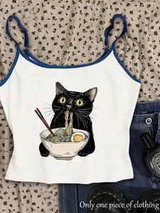 Y2K Gothic Style Cat Print Crop Top, Adjustable Straps, Slim Fit, Sleeveless, Streetwear, Summer New Arrival, Daily Wear, Office