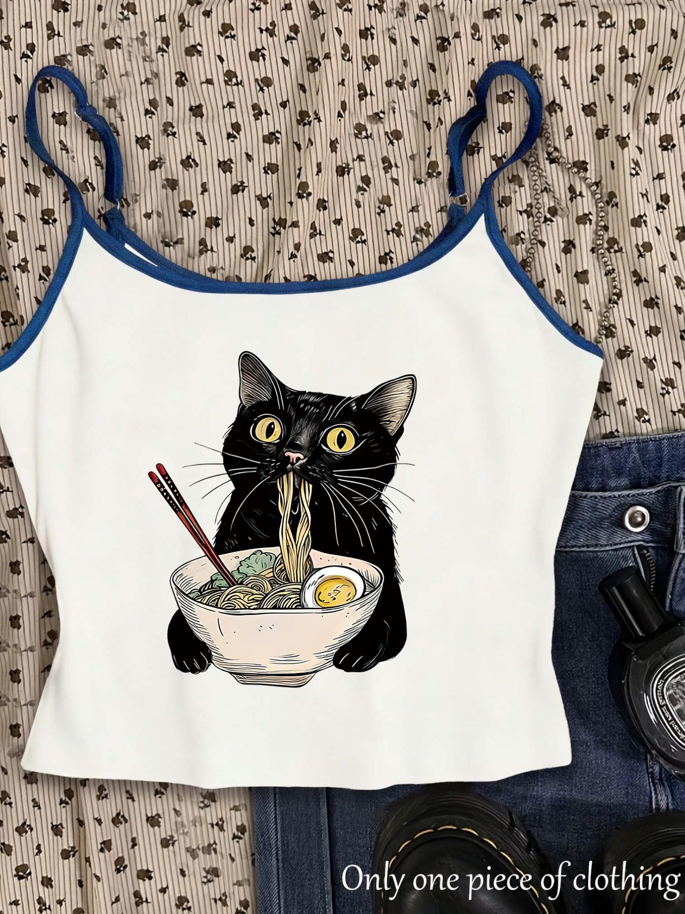 Y2K Gothic Style Cat Print Crop Top, Adjustable Straps, Slim Fit, Sleeveless, Streetwear, Summer New Arrival, Daily Wear, Office