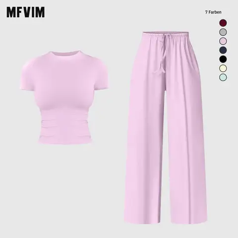 MFVIM Women’s New Slim-Fit Short-Sleeve Sports Casual Wear 2-Piece Set - Drawstring Elastic Waist Drapey Wide-Leg Pants, Skin-Friendly Breathable Casual Women's Matching Set, Travel Essential, Two Piece Sets Women