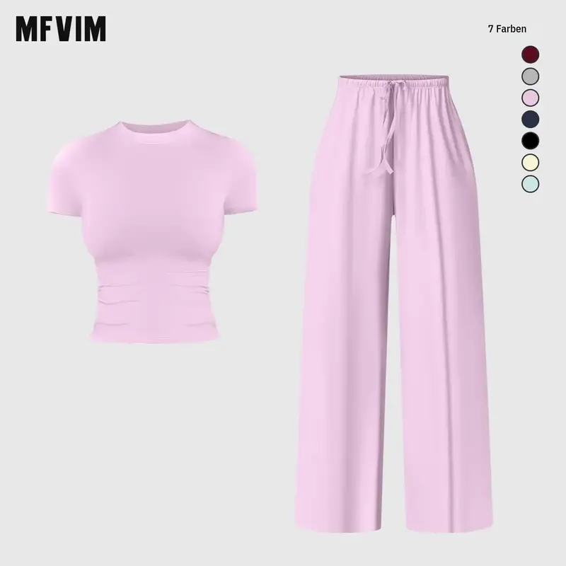 MFVIM Women’s New Slim-Fit Short-Sleeve Sports Casual Wear 2-Piece Set - Drawstring Elastic Waist Drapey Wide-Leg Pants, Skin-Friendly Breathable Casual Women's Matching Set, Travel Essential, Two Piece Sets Women
