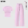 MFVIM Women’s New Slim-Fit Short-Sleeve Sports Casual Wear 2-Piece Set - Drawstring Elastic Waist Drapey Wide-Leg Pants, Skin-Friendly Breathable Casual Women's Matching Set, Travel Essential, Two Piece Sets Women