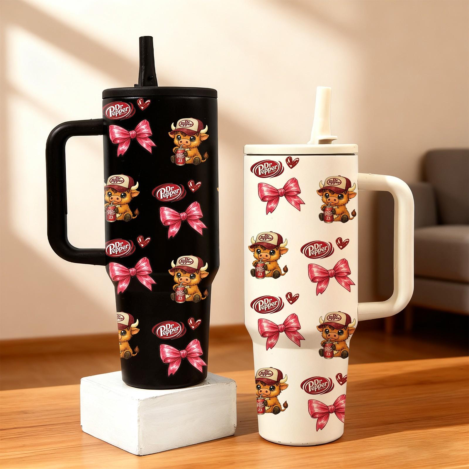 40oz insulated mug, Insulated tumbler, Dr Pepper soda print, leopard highland cow cartoon design, thermal mug, double wall vacuum stainless steel, straw lid with handle, leak proof, keeps hot 12 hours cold 24 hours, valentines birthday gift