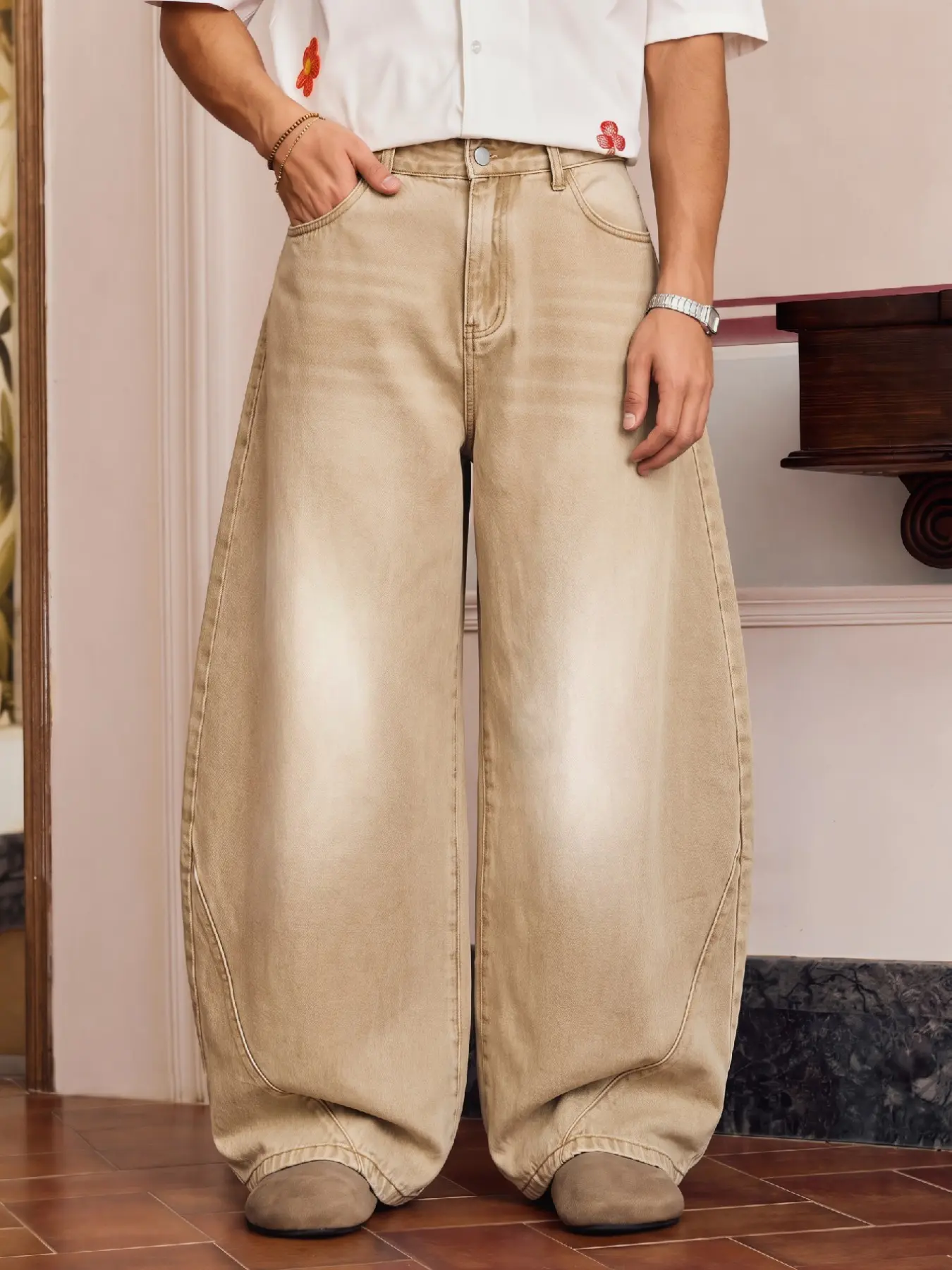 Men's Wide-Leg Jeans, Loose-Fitting High Waist Denim Jeans, Casual All-Seasons Plain Surface Long Jeans, Zipper Fly Unlined