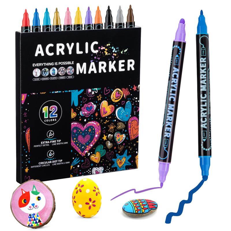 Waterproof Dual Tip Acrylic Paint Pens, Dot & Fine Tip Premium Coloring Drawing Markers Set for Wood, Rock Painting, Canvas, Glass, Ceramic Surfaces and DIY Crafts Making Art Supplies
