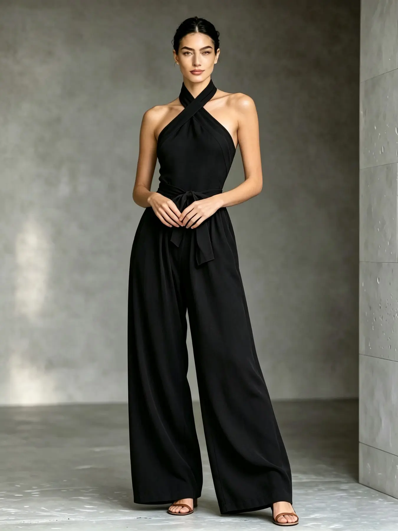 C6573 Trend Clean Girl Formal Casual Jumpsuit, Cross Wrap Halter Neck, Matching Waist Tie Belt plus Hidden Storage Pockets, Flowy Wide Leg Athleisure for Weekend & City Wear.