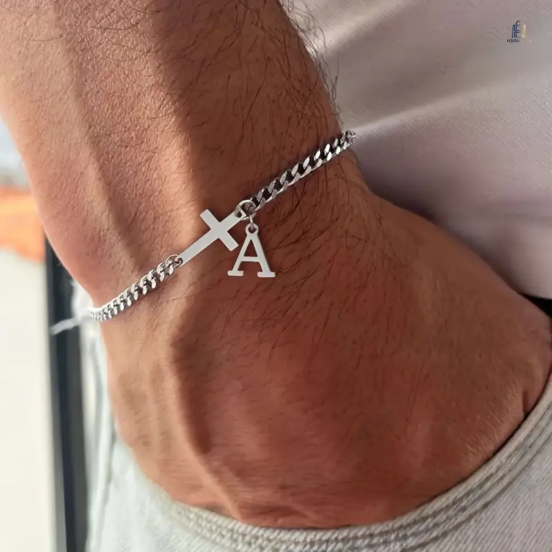 Stainless Steel Initial Letter Charm Bracelet for Men, Silver‑Tone Adjustable Cross & Alphabet Wrist Jewelry, Personalized Stylish Accessory for Daily Party Gifting for Family Friends Lovers,sohochic