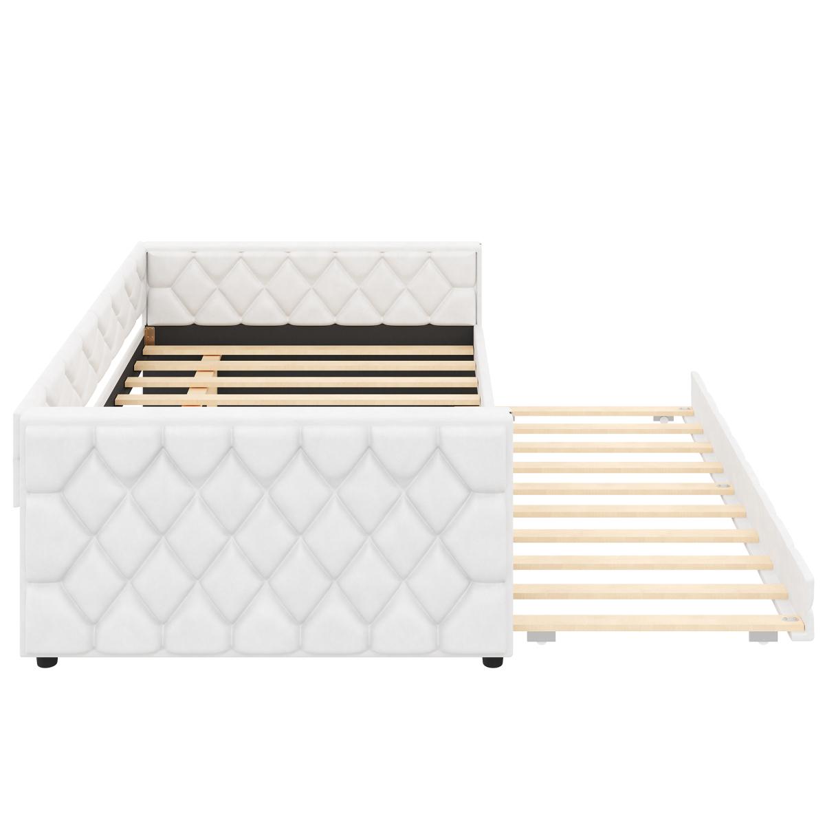 PU Leather Upholstered Daybed with Pull Out Trundle Bed, LED Light Armrests, Multi-Functional Sofa Bed, Solid Wood Frame for Guest Room